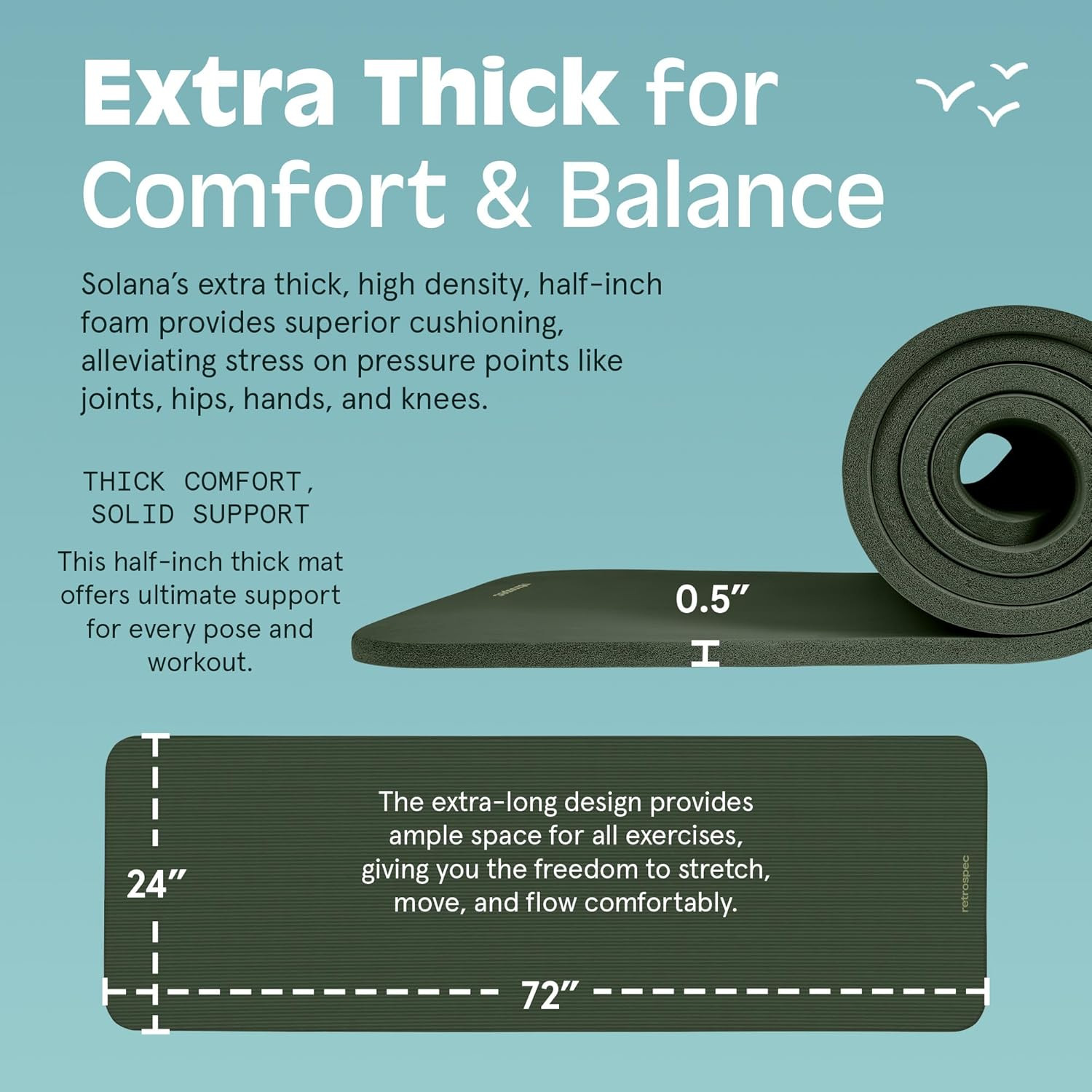 Solana Thick Non-Slip Yoga Mat 1/2&Prime; Exercise Fitness Workout Mat w/ Strap 72×24