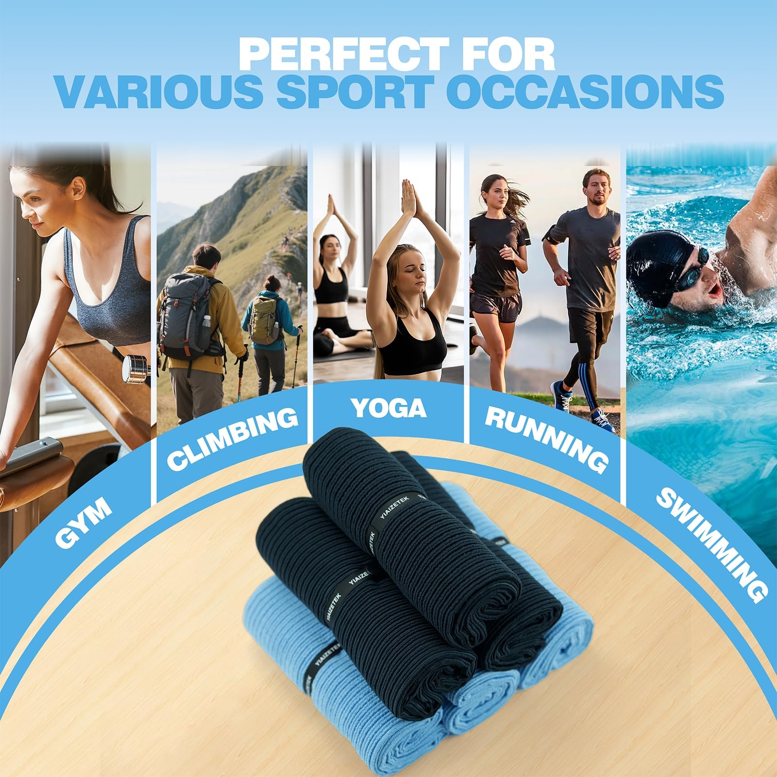 Microfiber Gym Towels with Snap Straps, Yoga Towel for 16&Prime; x 28&Prime;, Grey/Blue