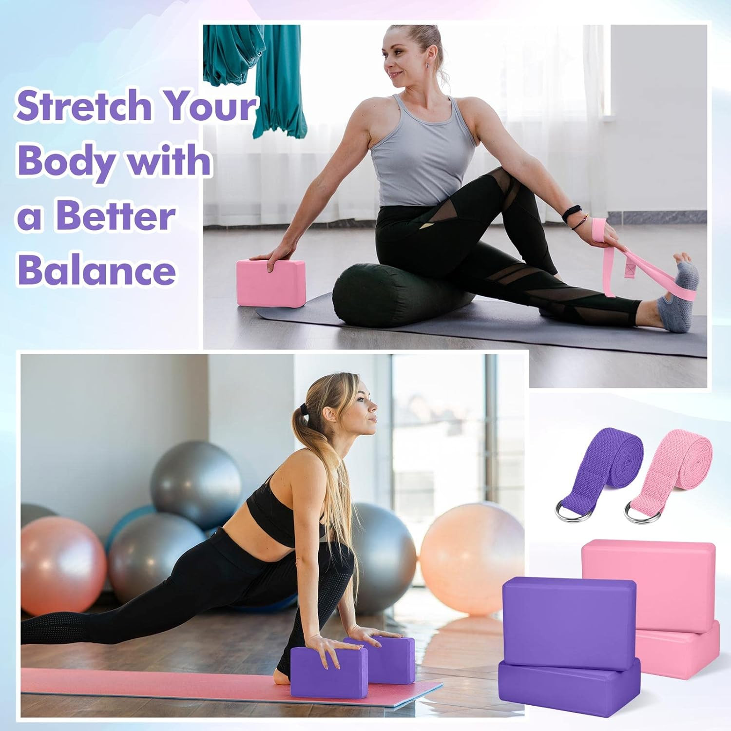 6 Pcs Yoga Block and Strap Set 4 Pcs 9 X 6 X 3 Inches EVA Foam Pilates Block 2 P