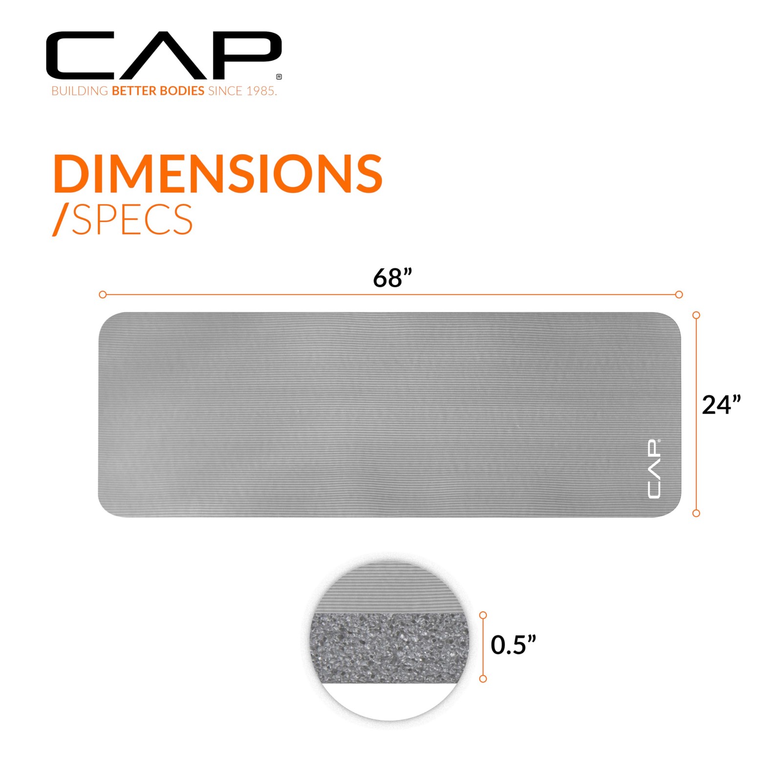 CAP Barbell High Density Exercise Mat with strap, 68&Prime;x24&Prime; 12mm 68&Prime;x24&Prime;, Gray