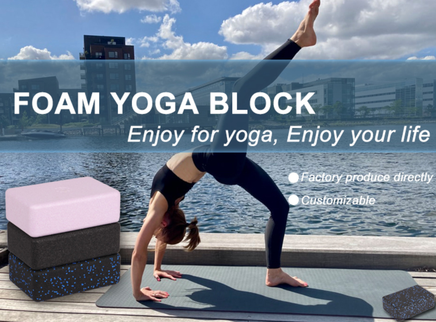 Black Yoga Block with Lavender Yoga Strap for Balance and Stability