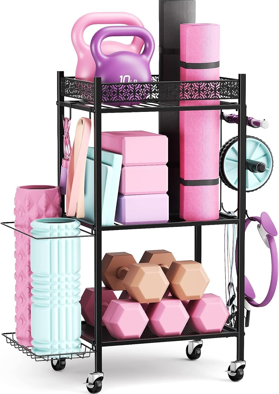 Efficient 3-Layer Home Gym Storage Rack with Wheels for Yoga & Fitness Equipment