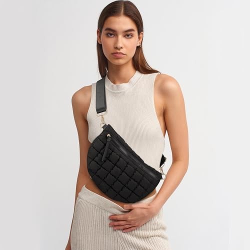 Quilted Crossbody Bags for Women Bum Bag Puffer Sling Bag Nylon Crossbody Black