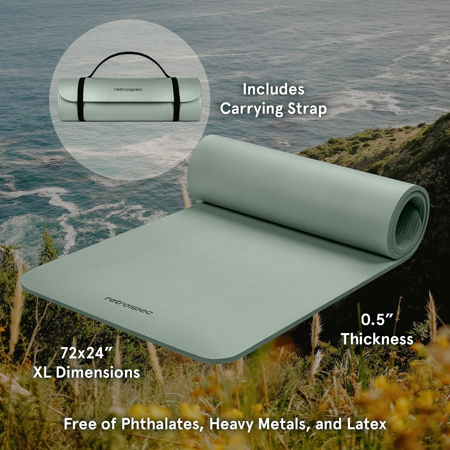 Solana Yoga Mat Thick 1/2in Non-Slip Workout Mat W/ Nylon Strap 72x24in Exercise