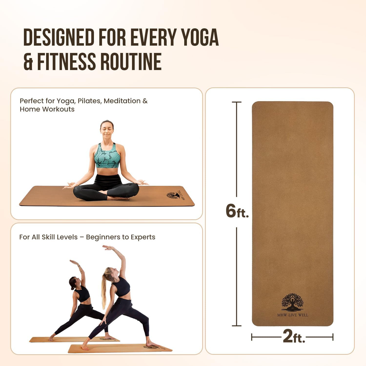 MHW- Live Well Non-Slip Yoga Mat 6Mm Extra Thick – Eco-Friendly Cork & TPE Ex…