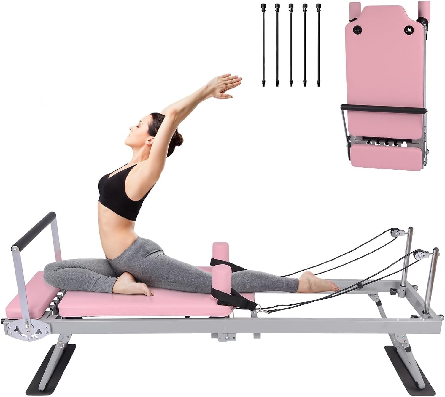 Foldable Pilates Reformer Machine with Wheels, Adjustable Armrests & Headrest