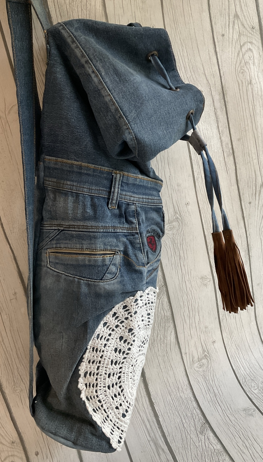 Yoga Mat Carry Bag Shoulder Boho OOAK Retro Distressed Upcycle Denim Blue Jeans