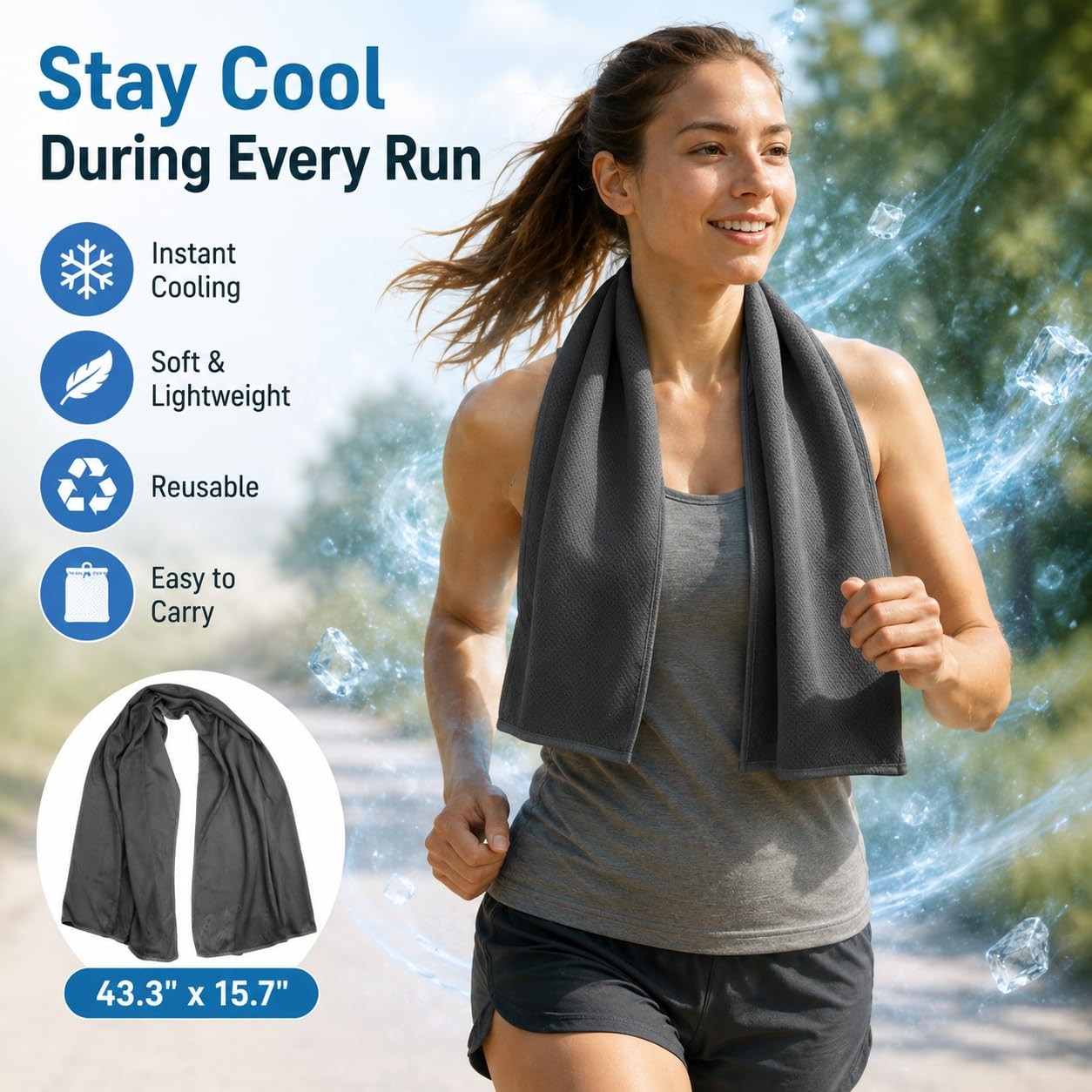 Cooling Towel 43.3&Prime; x 15.7&Prime; – Ice Sweat for Neck 43.3&Prime;X15.7&Prime;, Dark-gray