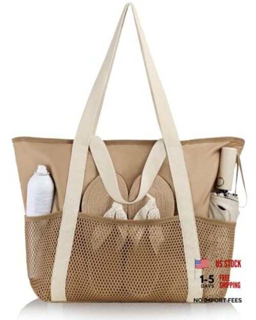 Beach Bag Large Waterproof Sandproof Tote for Women with Zipper Medium Khaki