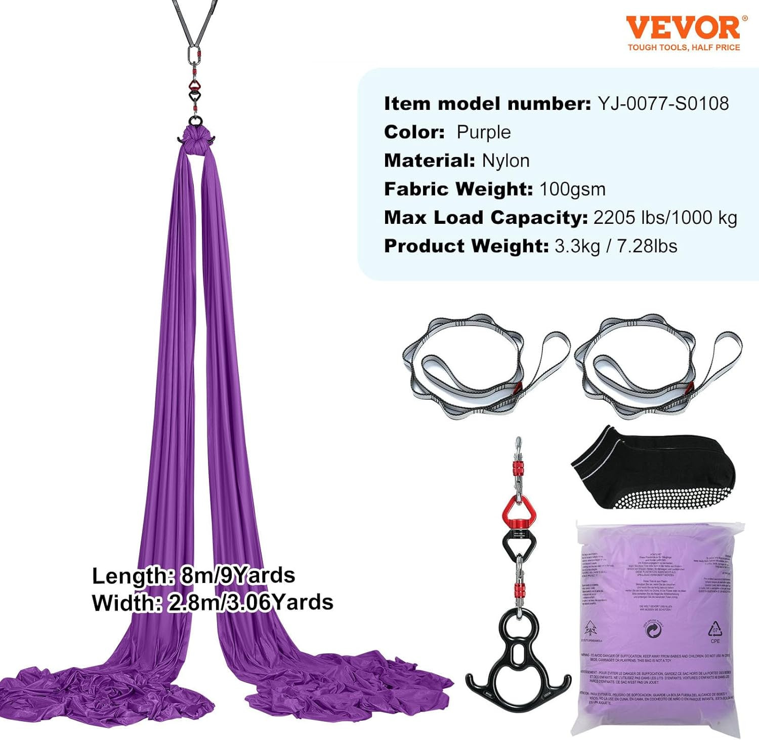Aerial Silk & Yoga Swing, Aerial Yoga Hammock Kit with 100Gsm Nylon Fabric, Full
