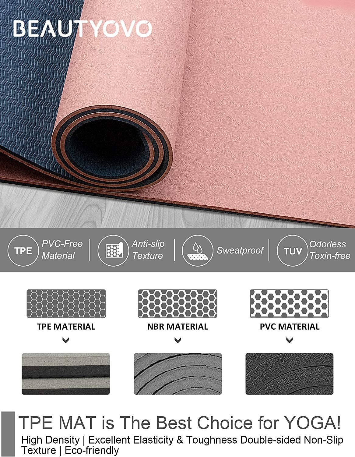 Yoga Mat with 72 » x 24 » x 1/3 » (Regular Version), Cherry Pink & Navy Blue