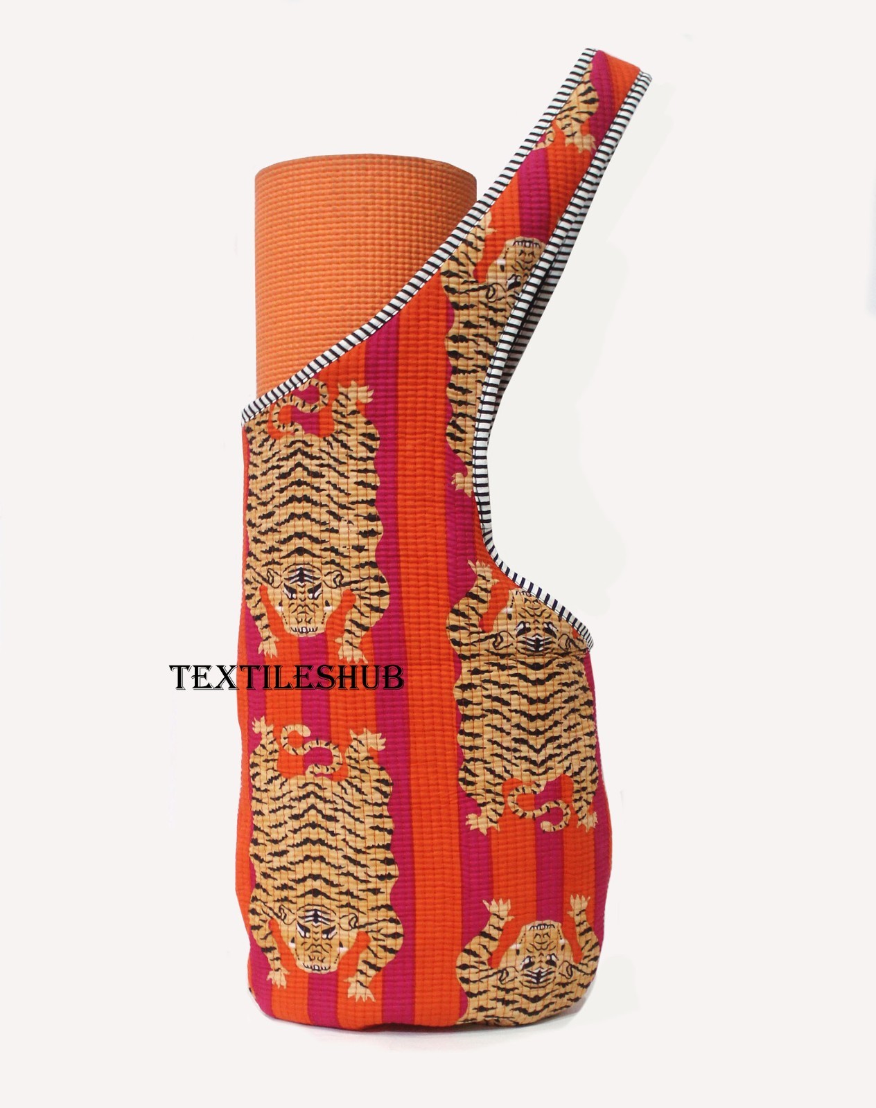 Handmade Cotton Yoga Mat Carrier Quilted Tiger Print Sling Shoulder Bag