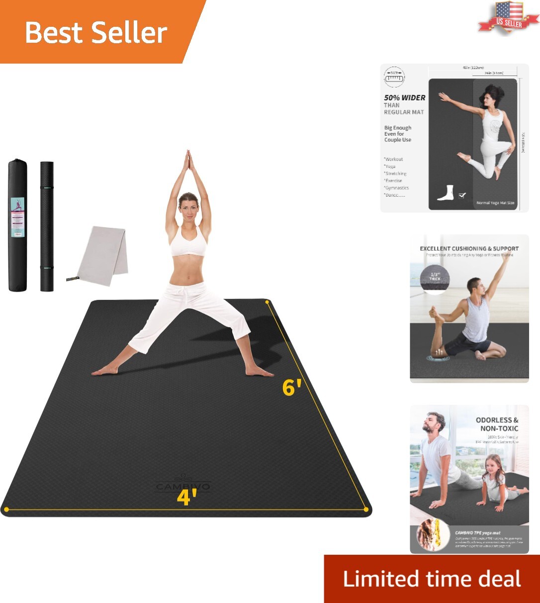 Large Yoga Mat – Extra Wide Workout Mat for Men and Women – 6&rsquo;x 4&prime; – Black