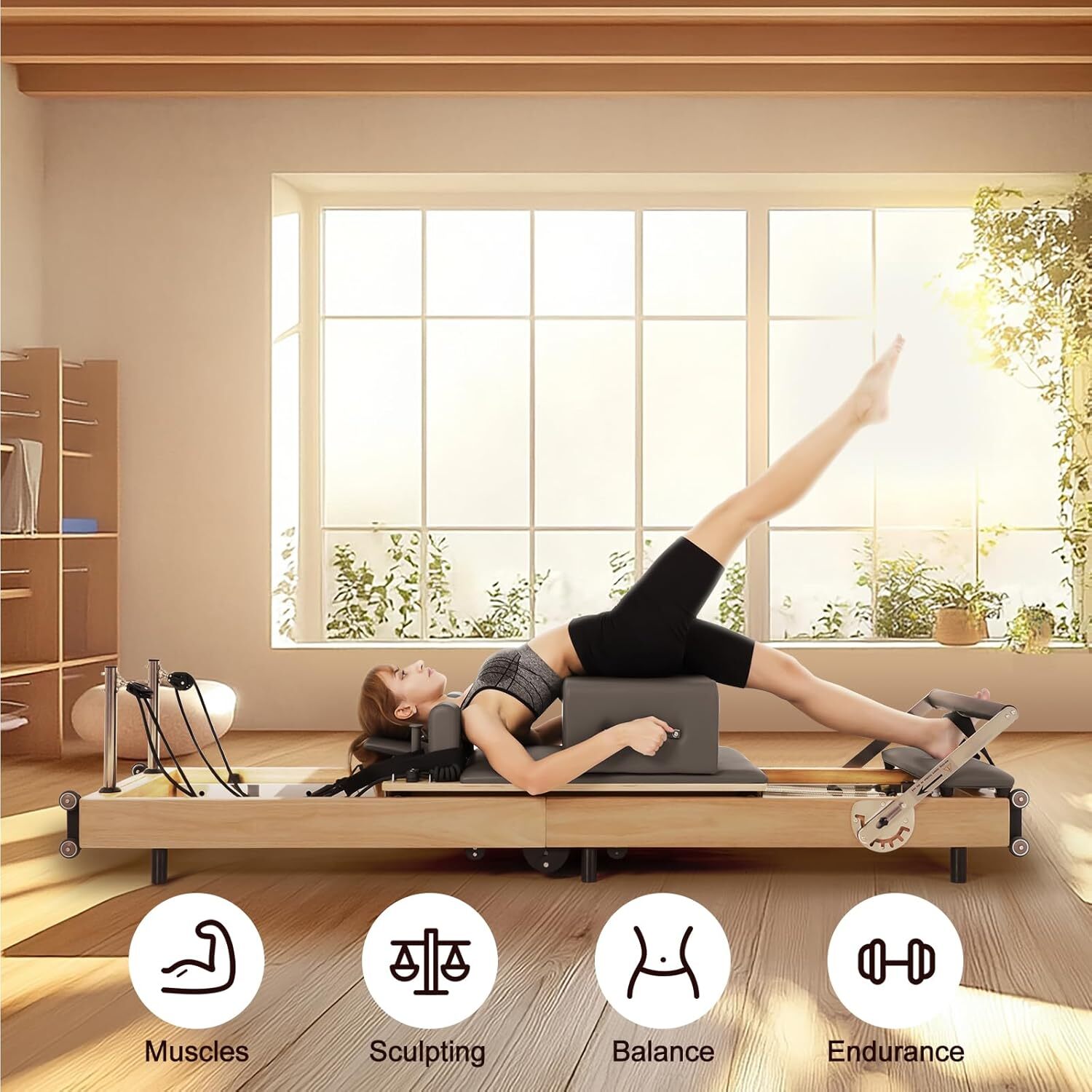 H&ZT Foldable Pilates Reformer Machine With Reformer Box Jump Board Foot Strap