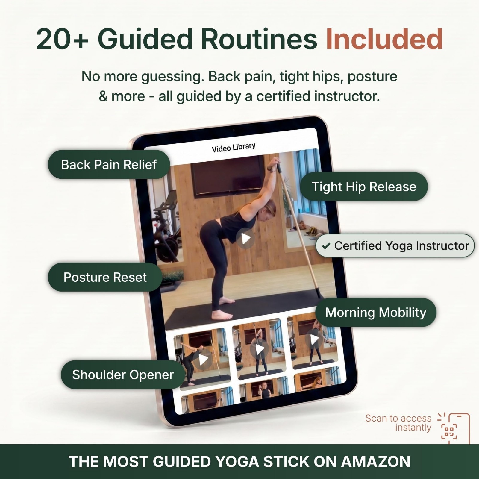 5ft Bamboo Yoga Stick for Stretching, Mobility & Balance – 20+ Video Tutorials,