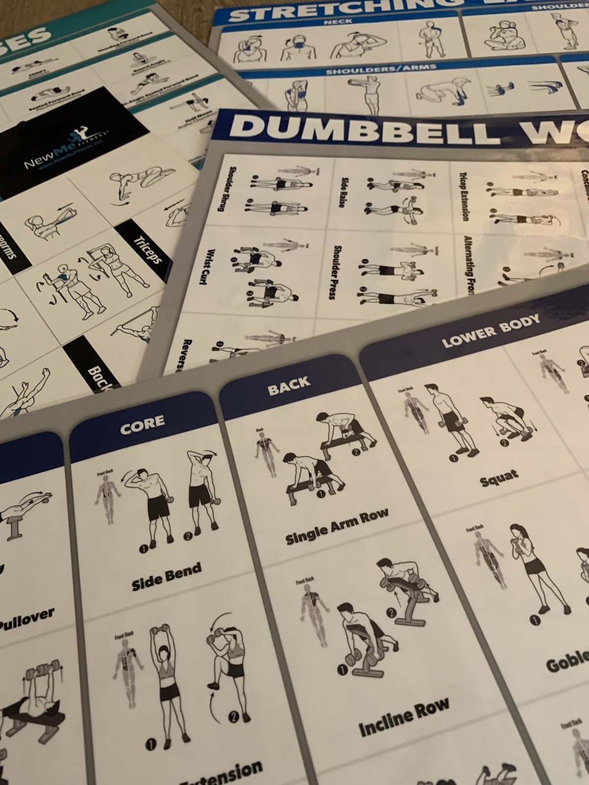 WORKOUT LAMINATED POSTERS~5 PACK~2,DUMBBELL 2,STRETCHING 1,YOGA~17.5”X26.5” VNC