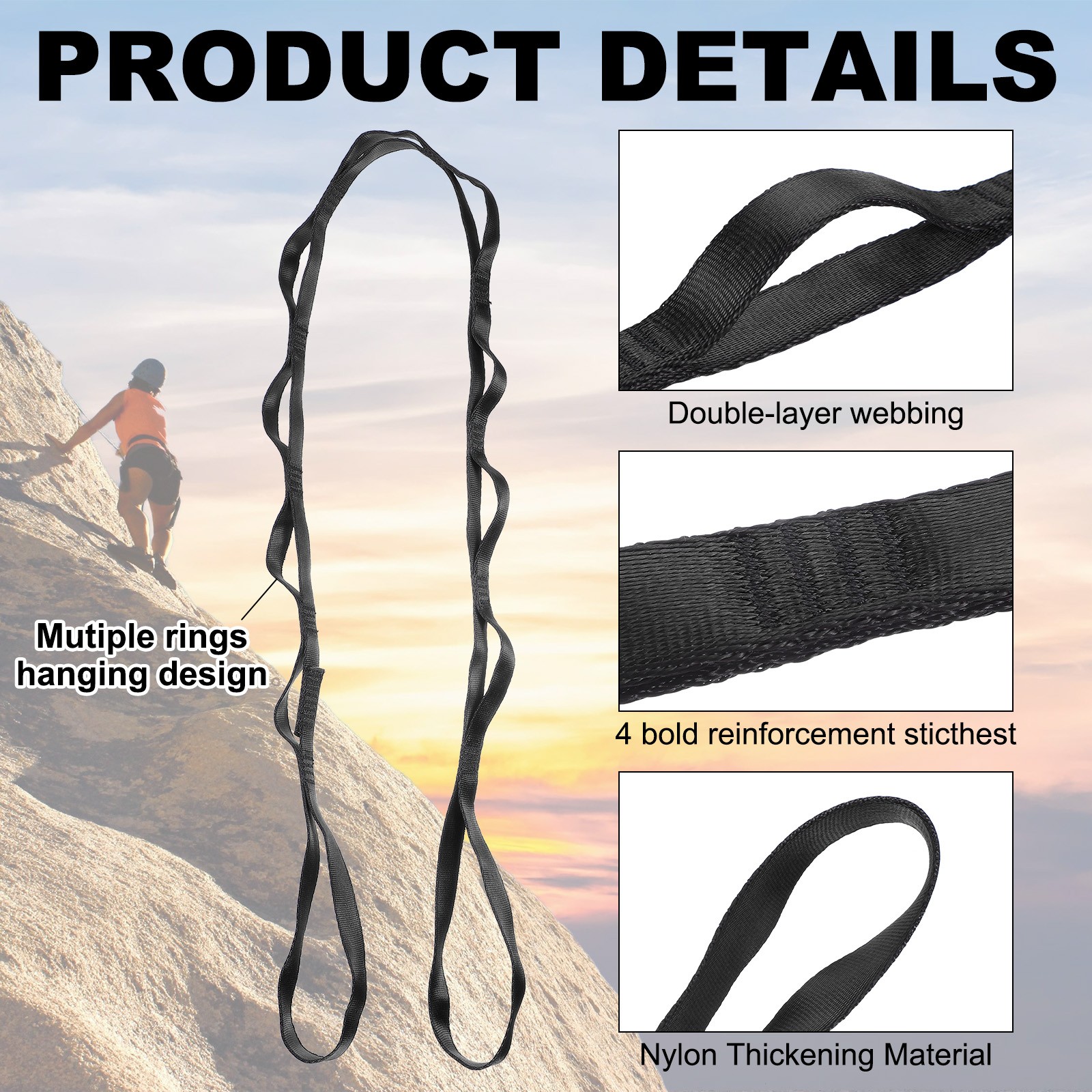 25KN Daisy Chain Yoga Extend Belt 1.5M, 2Pcs Climbing Straps for Exercise, Black