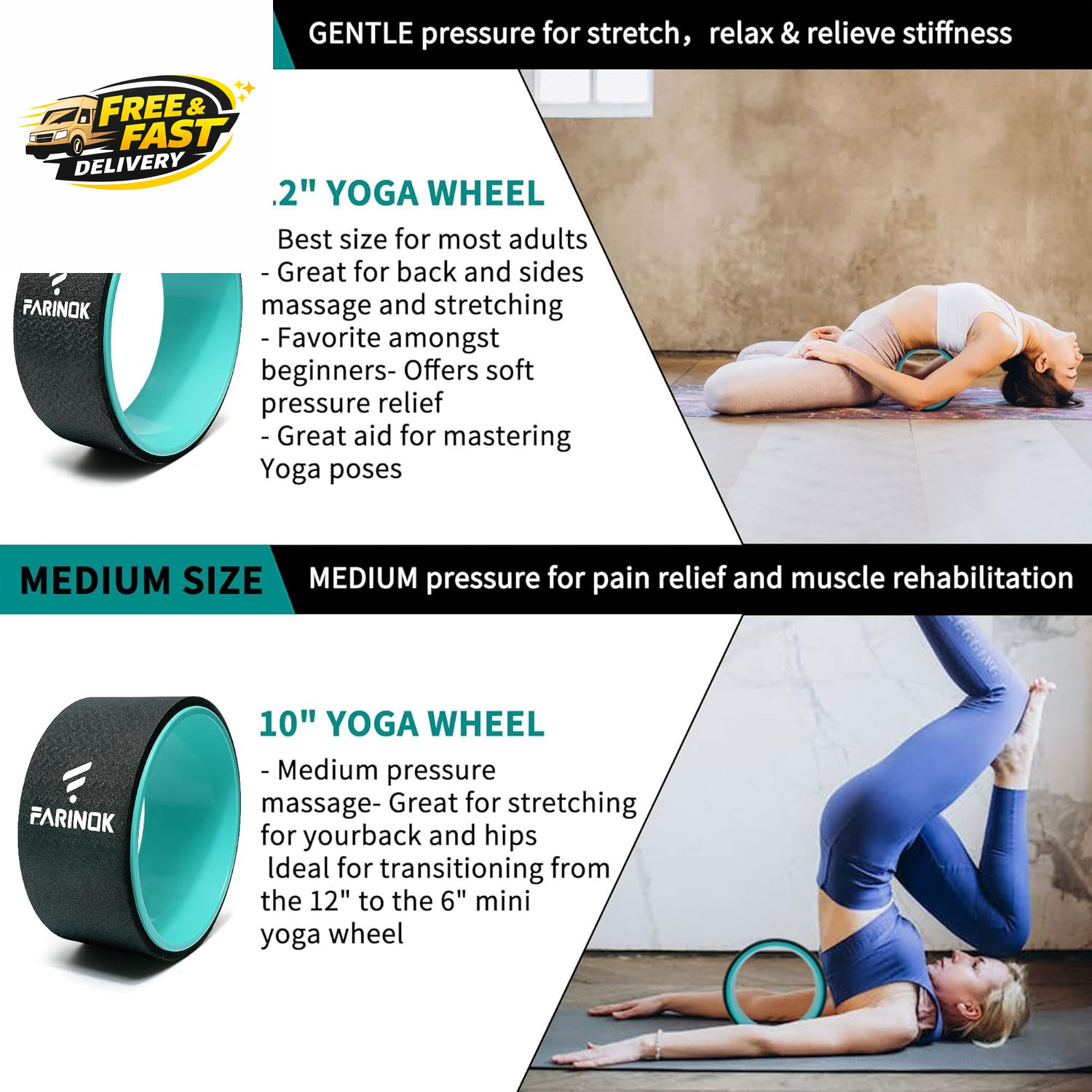 Yoga Wheel Set of 3+1, Upgraded 10MM Thick Back Wheels for Pain Relief & Stretch