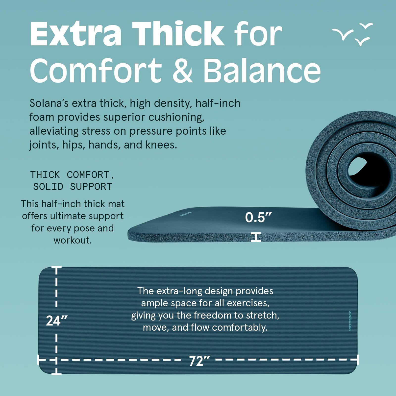 Retrospec Solana Yoga Mat 1/2&Prime; Thick w/Nylon 1/2 inch, Ocean Blue