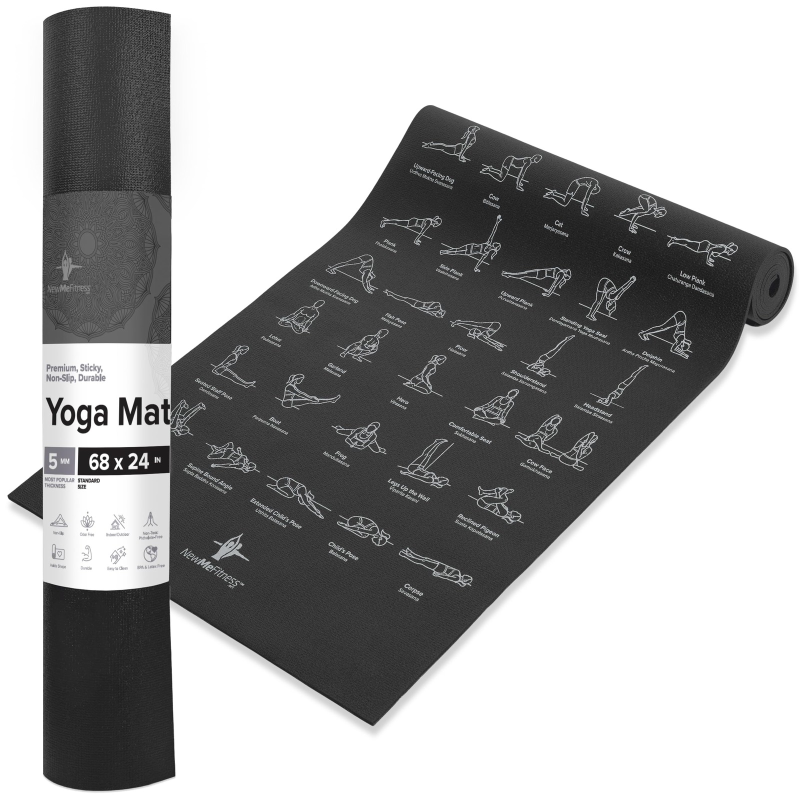 NewMe Fitness Yoga Mat for Women and Men – Large, 5mm 24&Prime; x 68&Prime; x 0.2&Prime;, Black