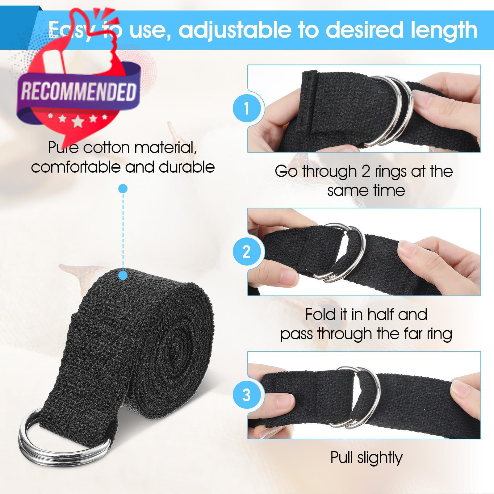 ADJUSTABLE COTTON YOGA STRAPS BLACK · 16 PACK BULK SET · 6 FT LENGTH