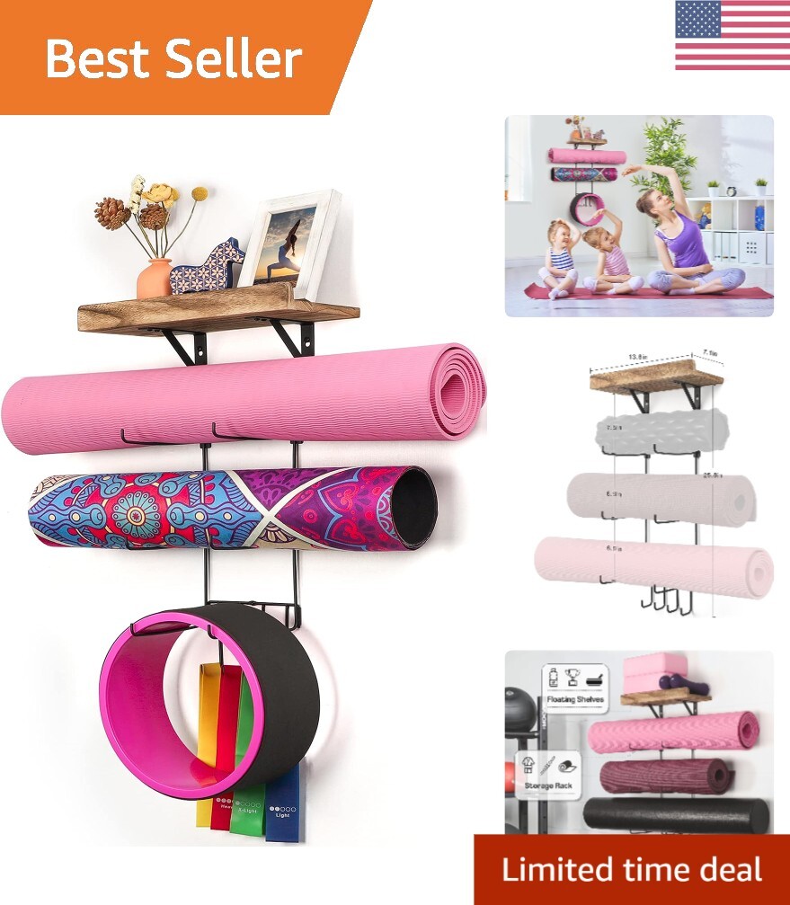Yoga Mat Holder with Floating Shelves and 4 Hooks – Space Saving – Home Gym
