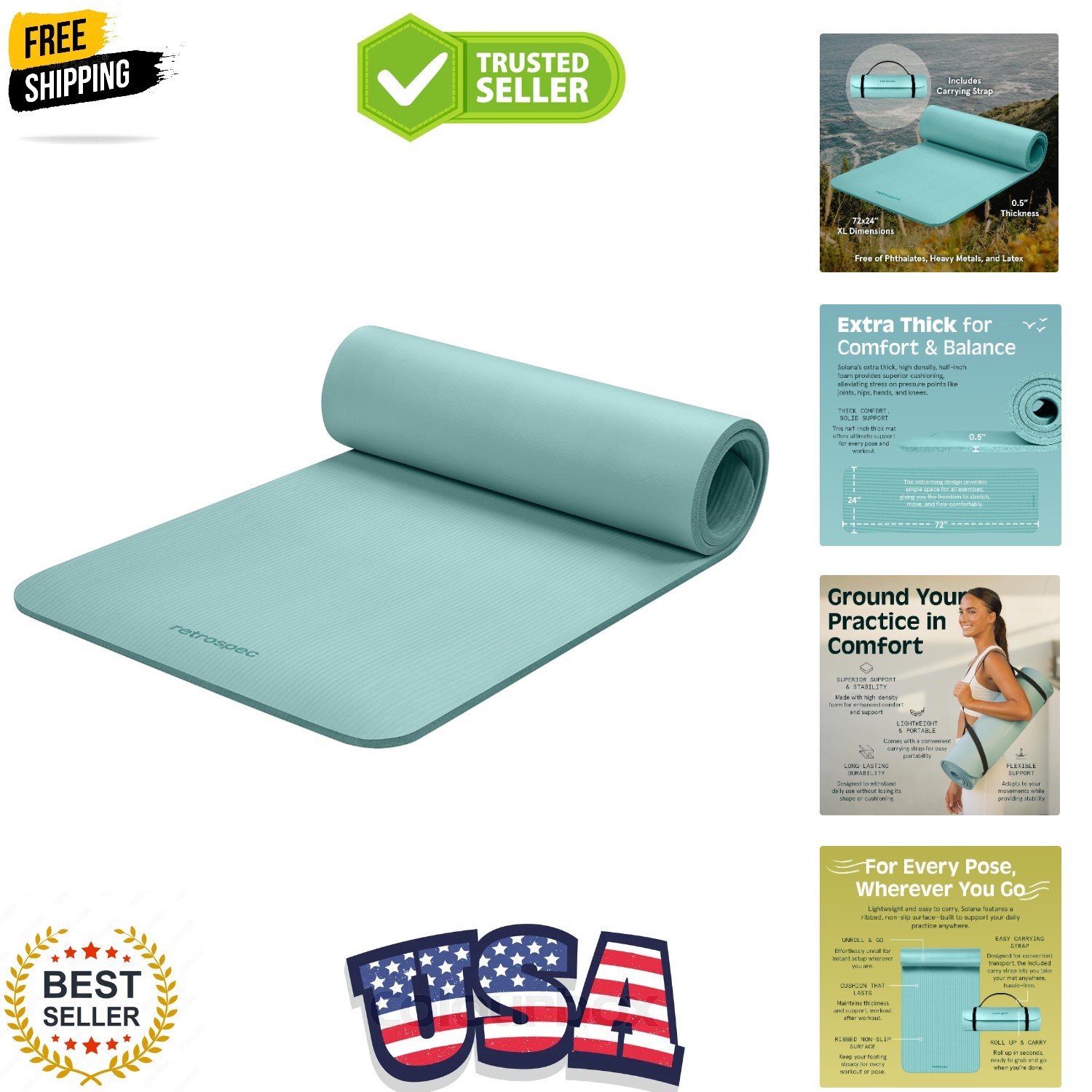 Solana Yoga Mat Thick 1/2in Non-Slip Workout Mat with Nylon Strap – 72x24in E…