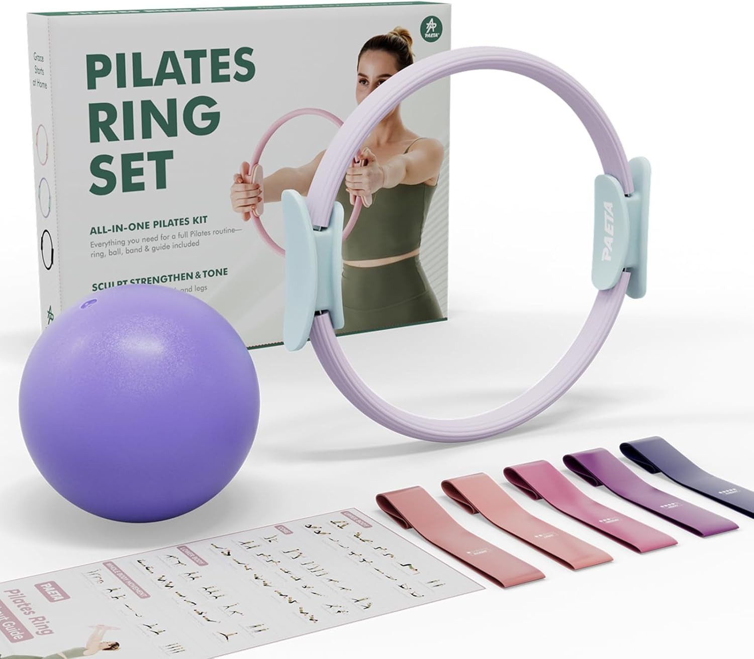 Pilates Ring Set – 14” Magic Circle (38 Lbs Resistance), 9.8” Pilates Ball, 5 Re