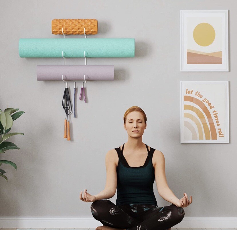 Guru Wall Mount Yoga Mat Foam Roller and Towel Rack with 3 Hooks for White
