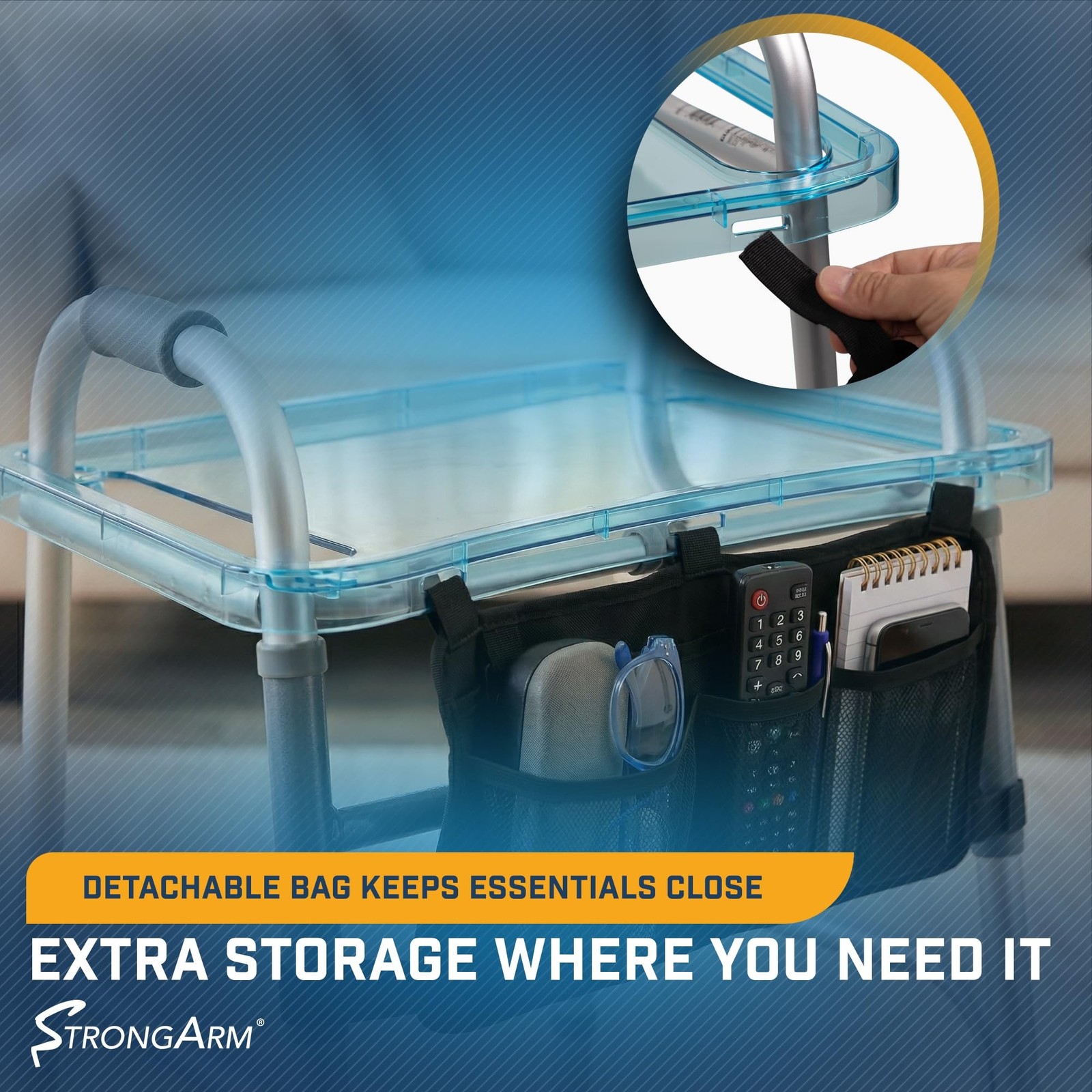 StrongArm Clear View Walker Tray + Bag + Non-Slip Mat & Cup Holder, Tray for …