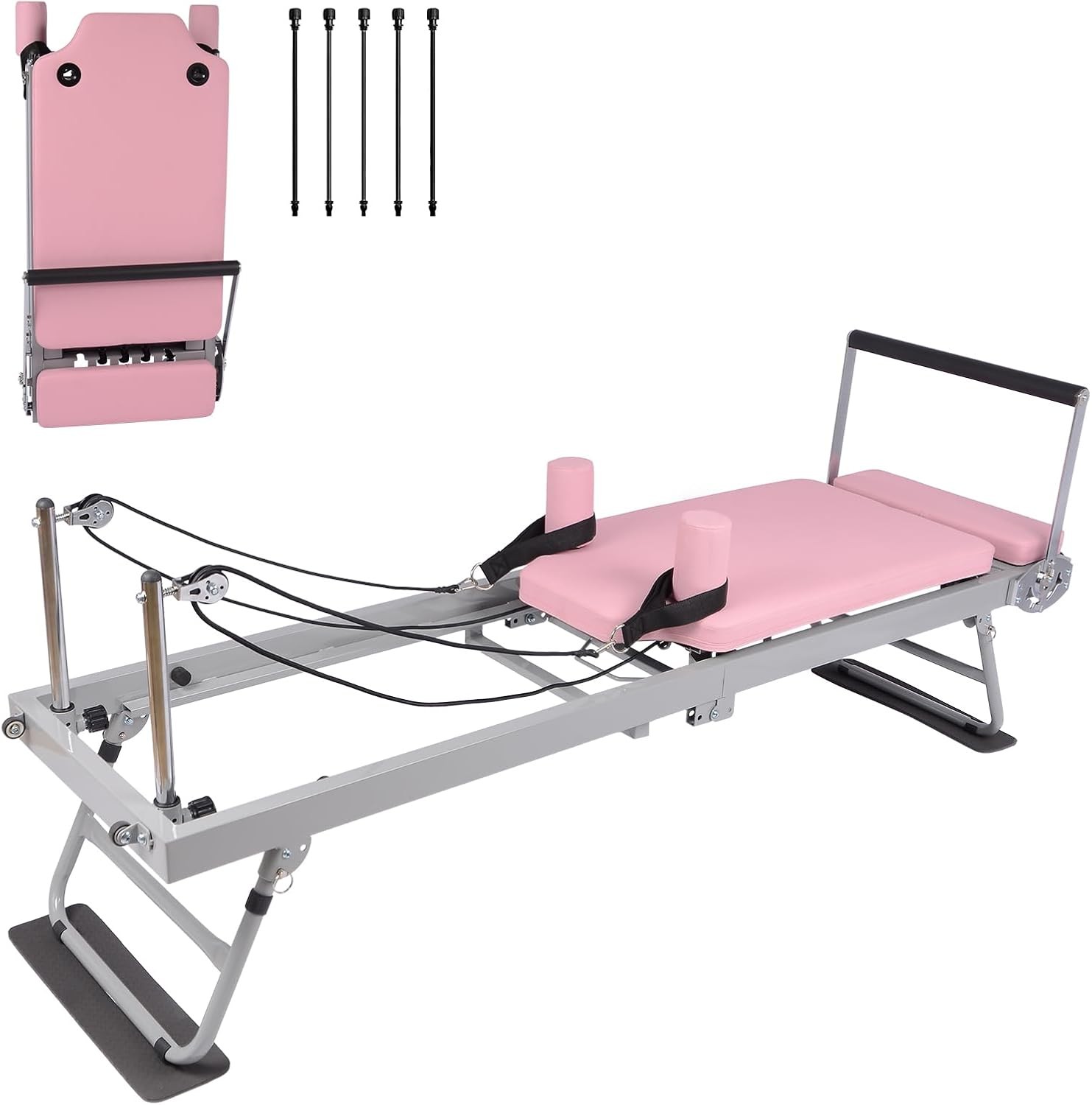 Foldable Pilates Reformer Machine with Wheels, Adjustable Armrests & Headrest