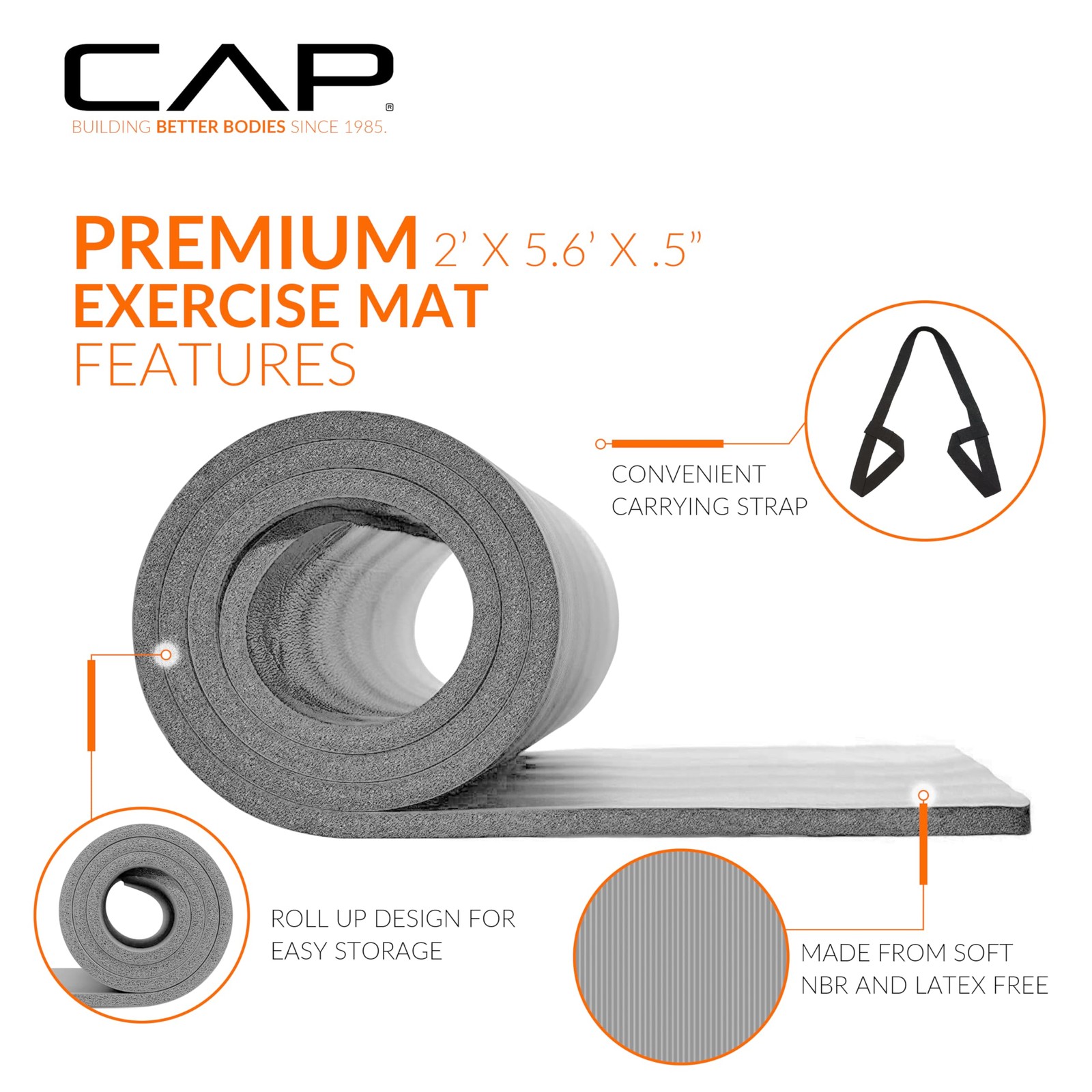 CAP Barbell High Density Exercise Mat with strap, 68&Prime;x24&Prime; 12mm 68&Prime;x24&Prime;, Gray