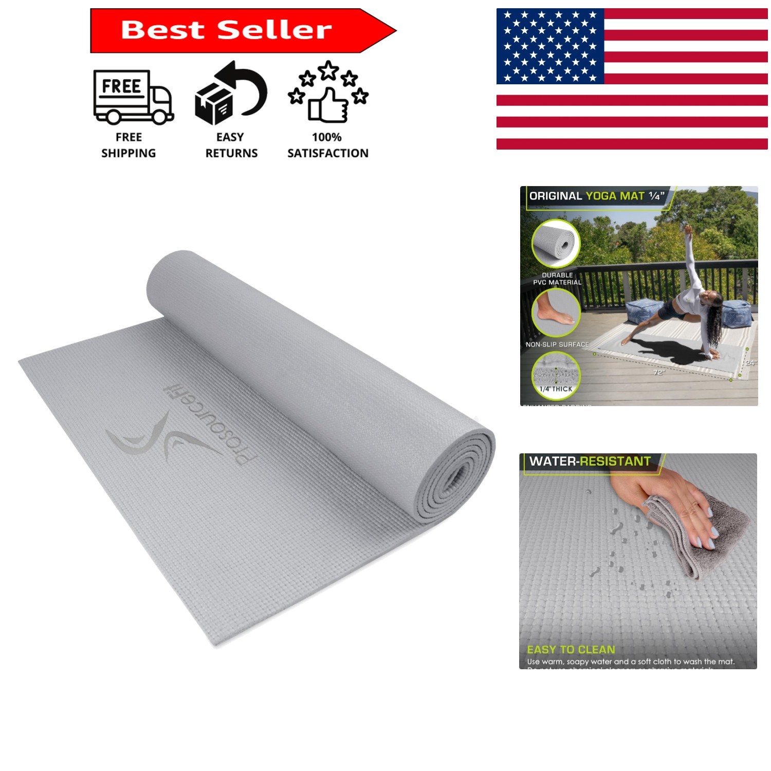 Non-Slip Yoga Exercise Mat 1/4” Thick with Carrying Straps – Grey