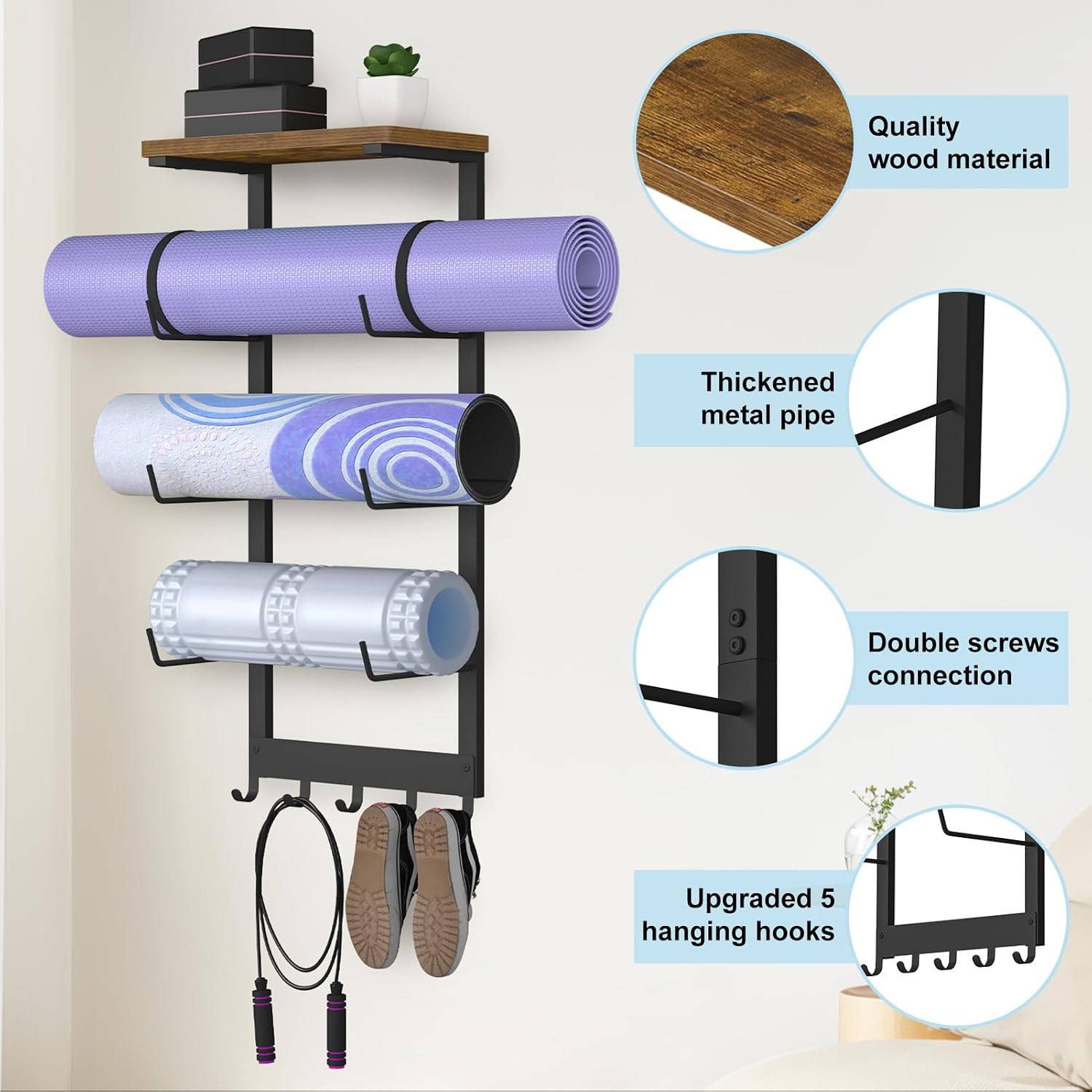 Yoga Mat Holder Wall Mount, Yoga Mats Storage Rack, Home Gym Wall Organizer Hold