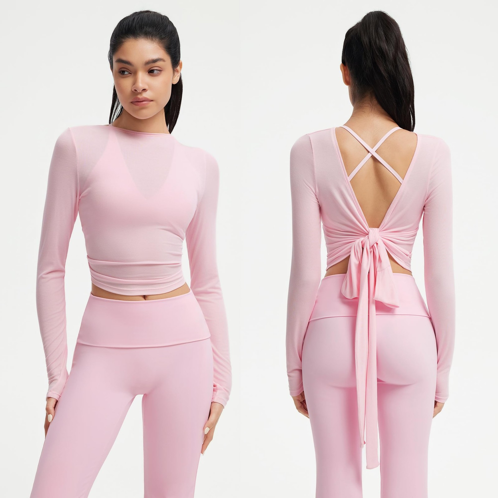 Women Pilates Wrap Workout Cropped Top Ribbed Long Sleeve V Neck Tie Front Ba…