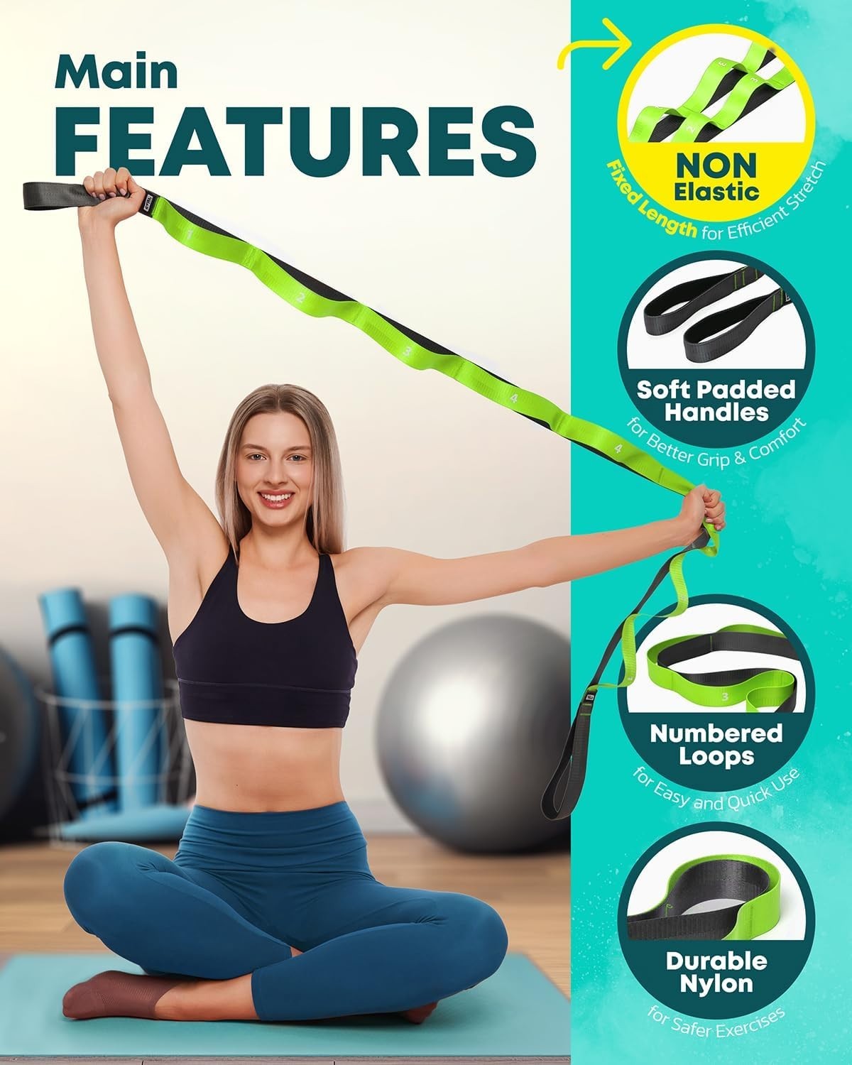 Multifunctional Yoga & Therapy Stretch Strap with Loops