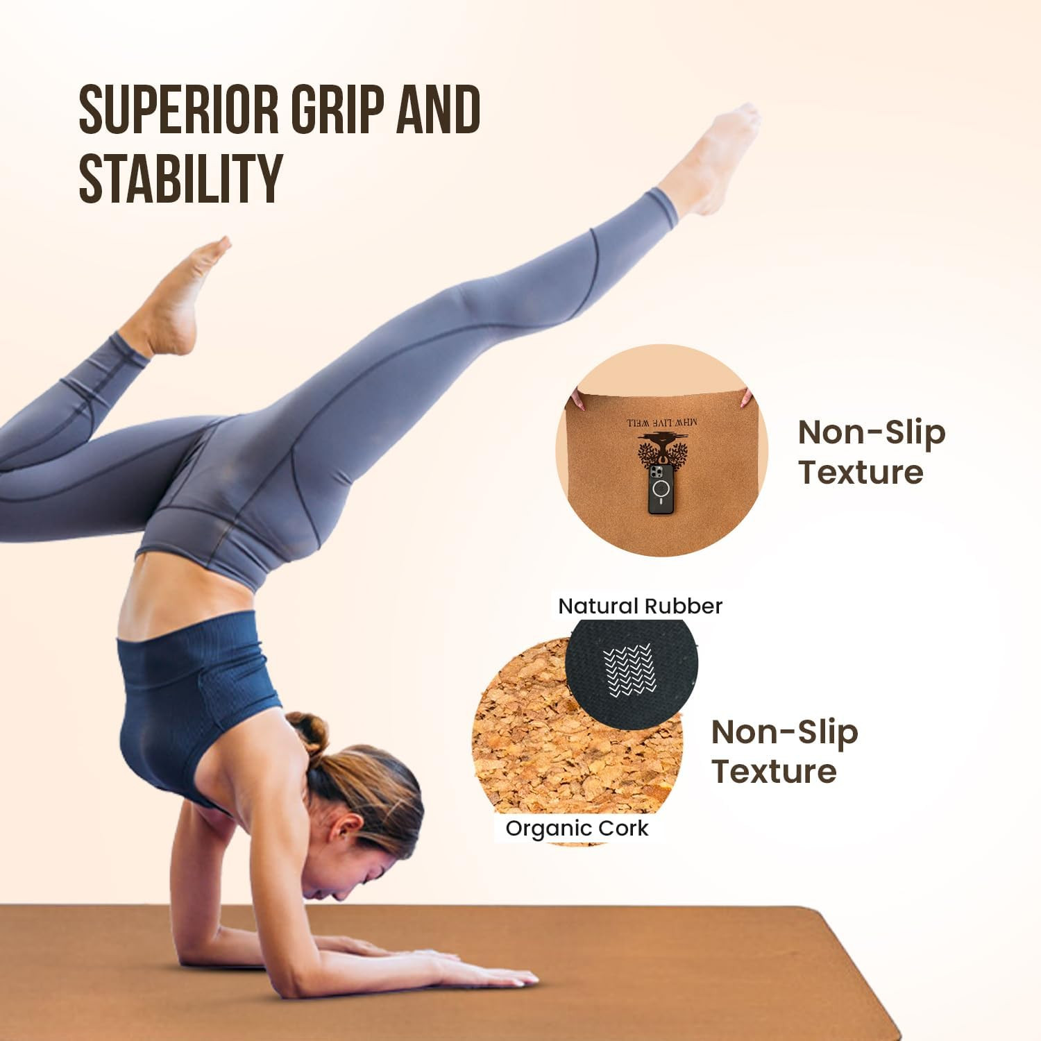 MHW- Live Well Non-Slip Yoga Mat 6Mm Extra Thick – Eco-Friendly Cork & TPE Exerc