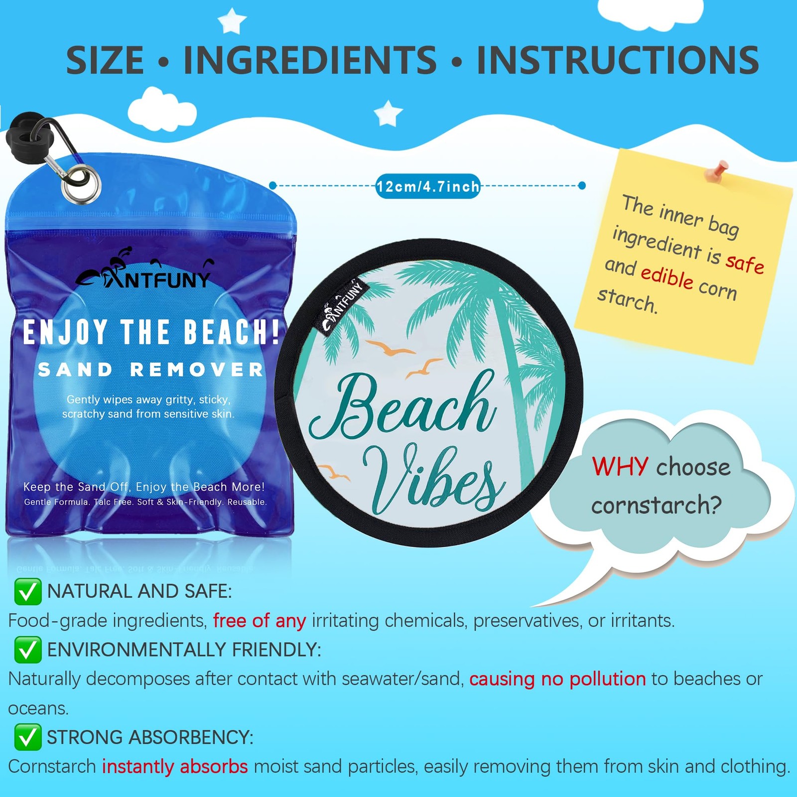 Antfuny 3 Pack Sand Rremover for Beach Eraser 3pcs Sunshine Good Wave