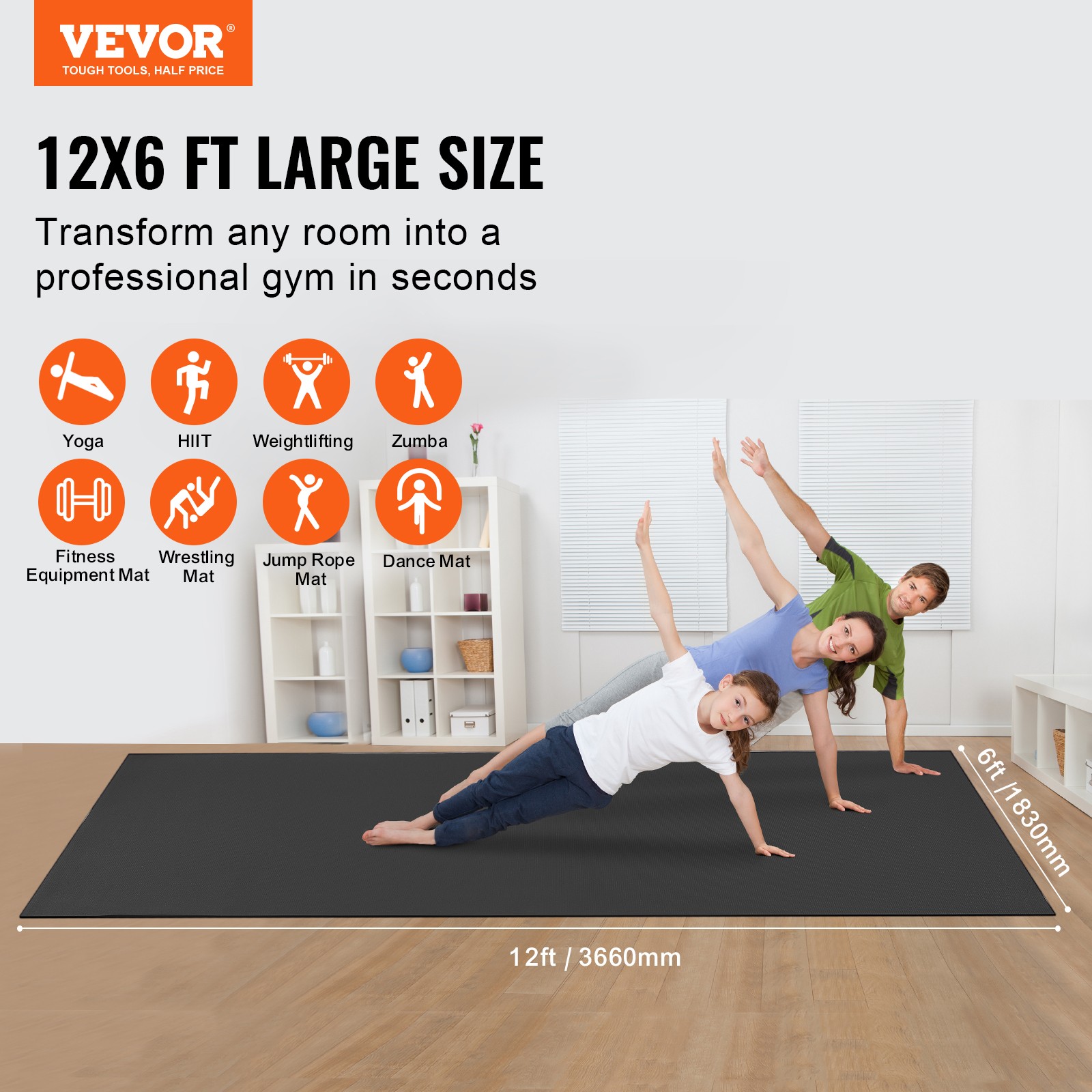 VEVOR Exercise Mat Non Slip Yoga Mat Gym Fitness Pilate Workout Mat (12x6ft)