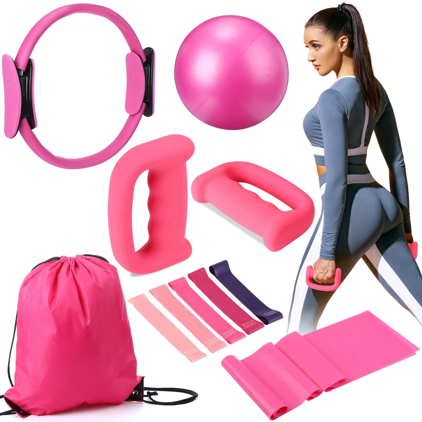Poen 10 Pcs Pilates Ring Set Include 2.2lb *2 Dumbbells 10&Prime; Yoga Pink