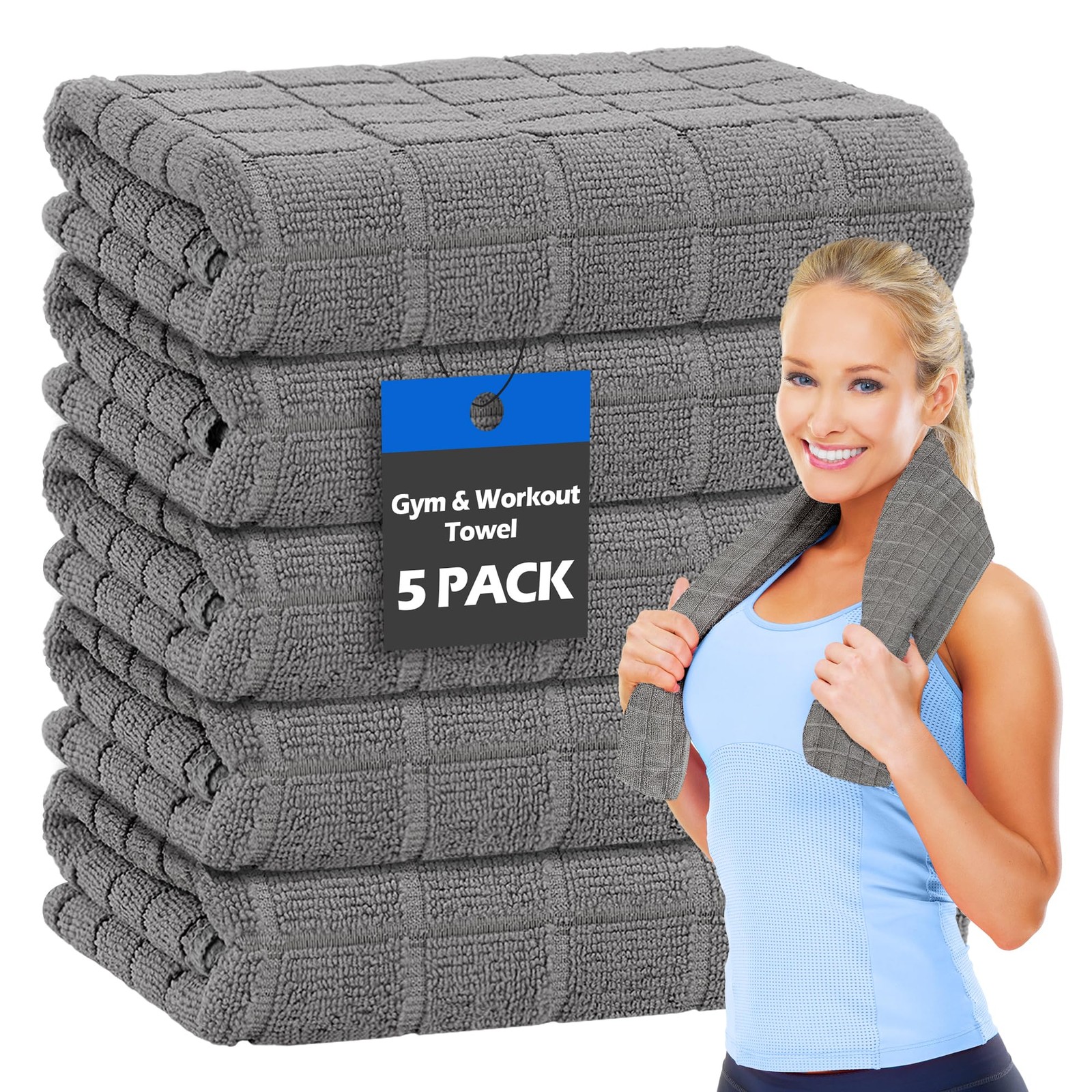 HOMERHYME Microfiber Gym Towels, 5 Pack Yoga 16 x 27&Prime;L x 16&Prime;W, Grey