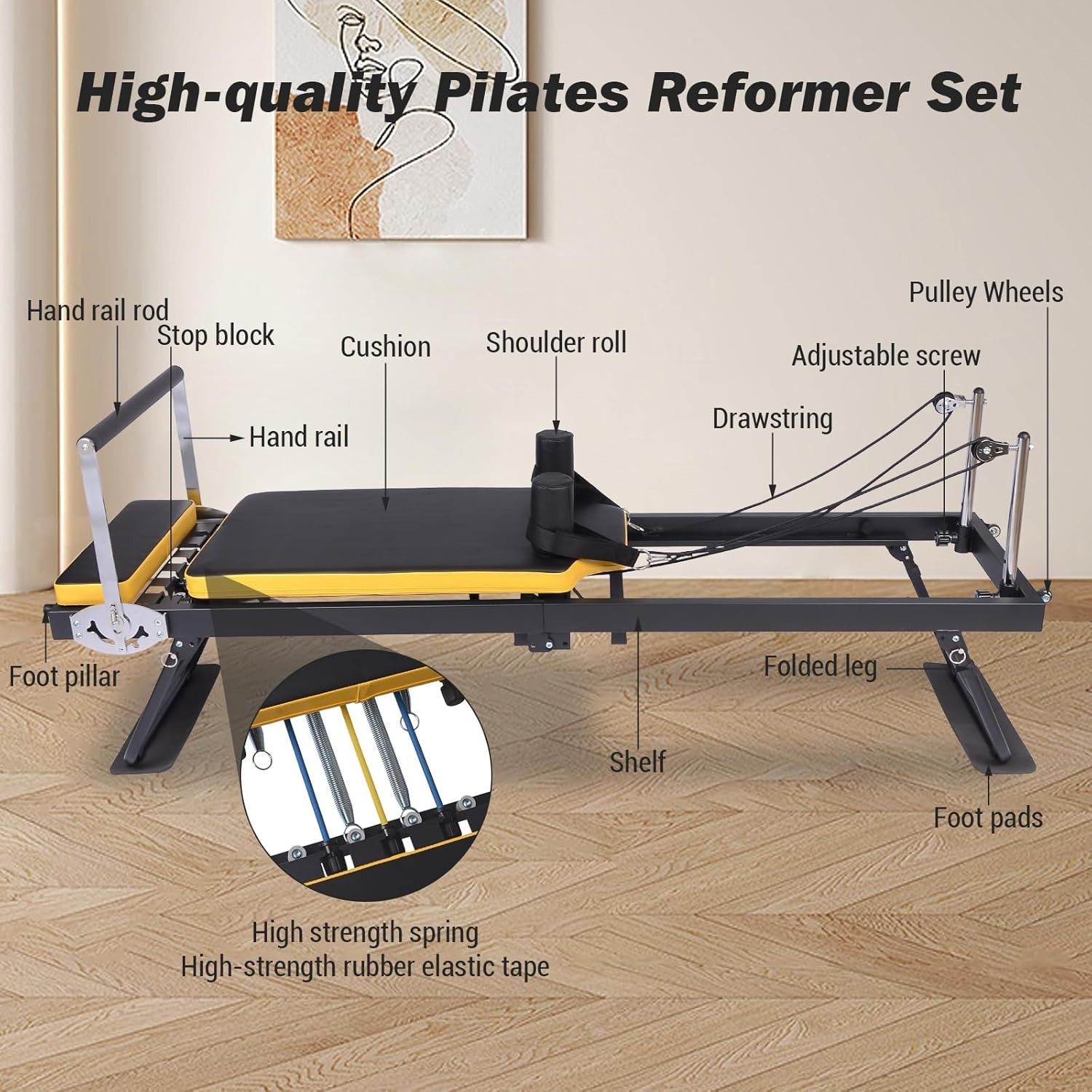 Foldable Pilates Reformer Machine with Wheels, Adjustable Armrests & Headrest