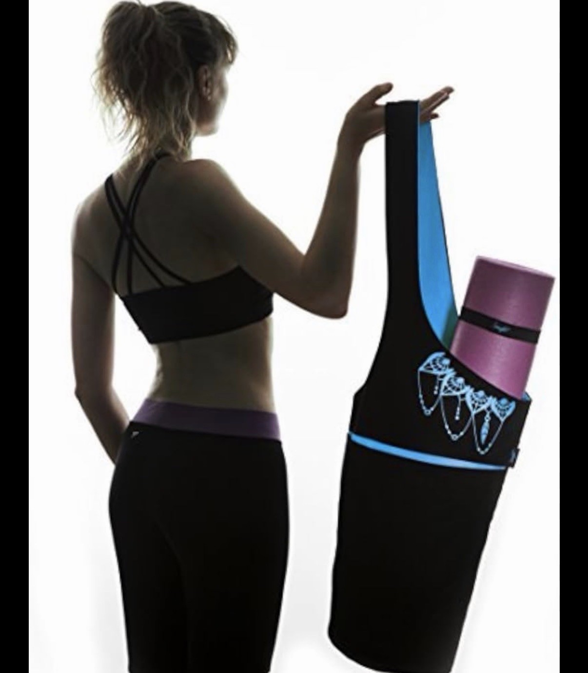 NWT ZENEFIT Yoga Mat Bag Long Tote with Pockets Holds Accessories BLACK w/ BLUE