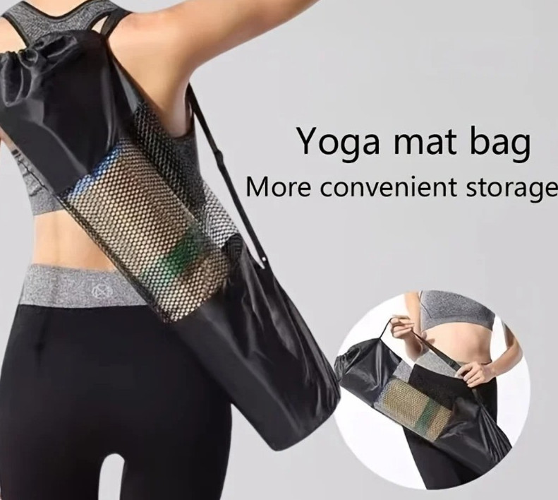 Breathable Yoga Mat Mesh Bag with Shoulder Strap Durable Oxford Fabric Black