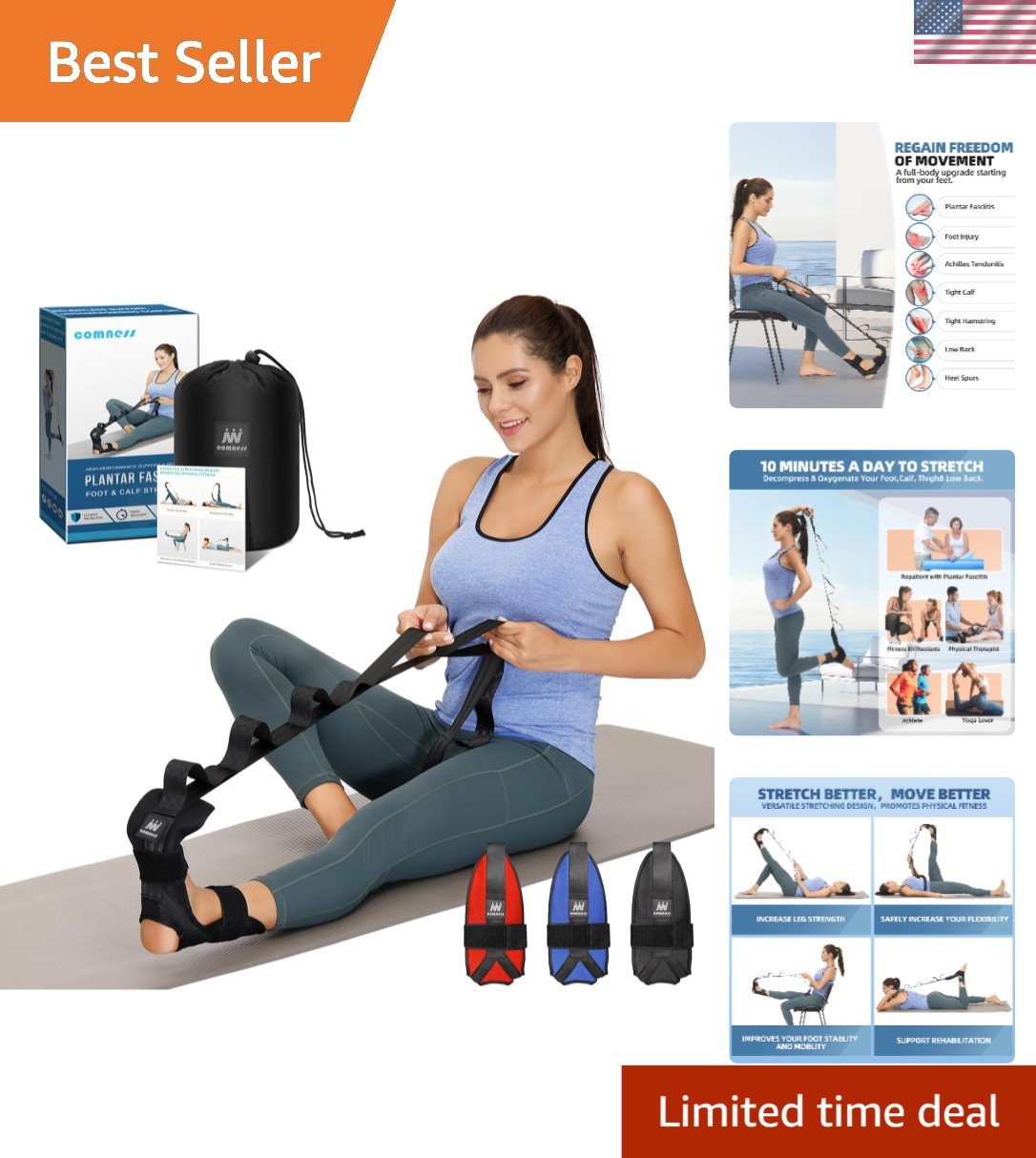 Portable 60&Prime; Foot and Calf Stretching Strap for Achilles Tendonitis Relief