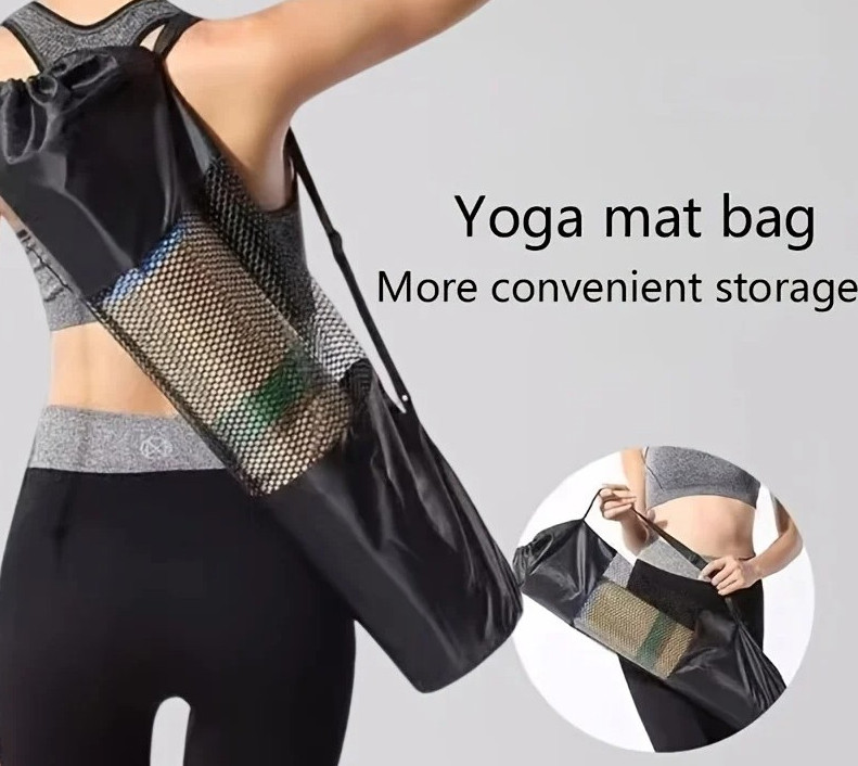 Breathable Yoga Mat Mesh Bag with Shoulder Strap Durable Oxford Fabric Black