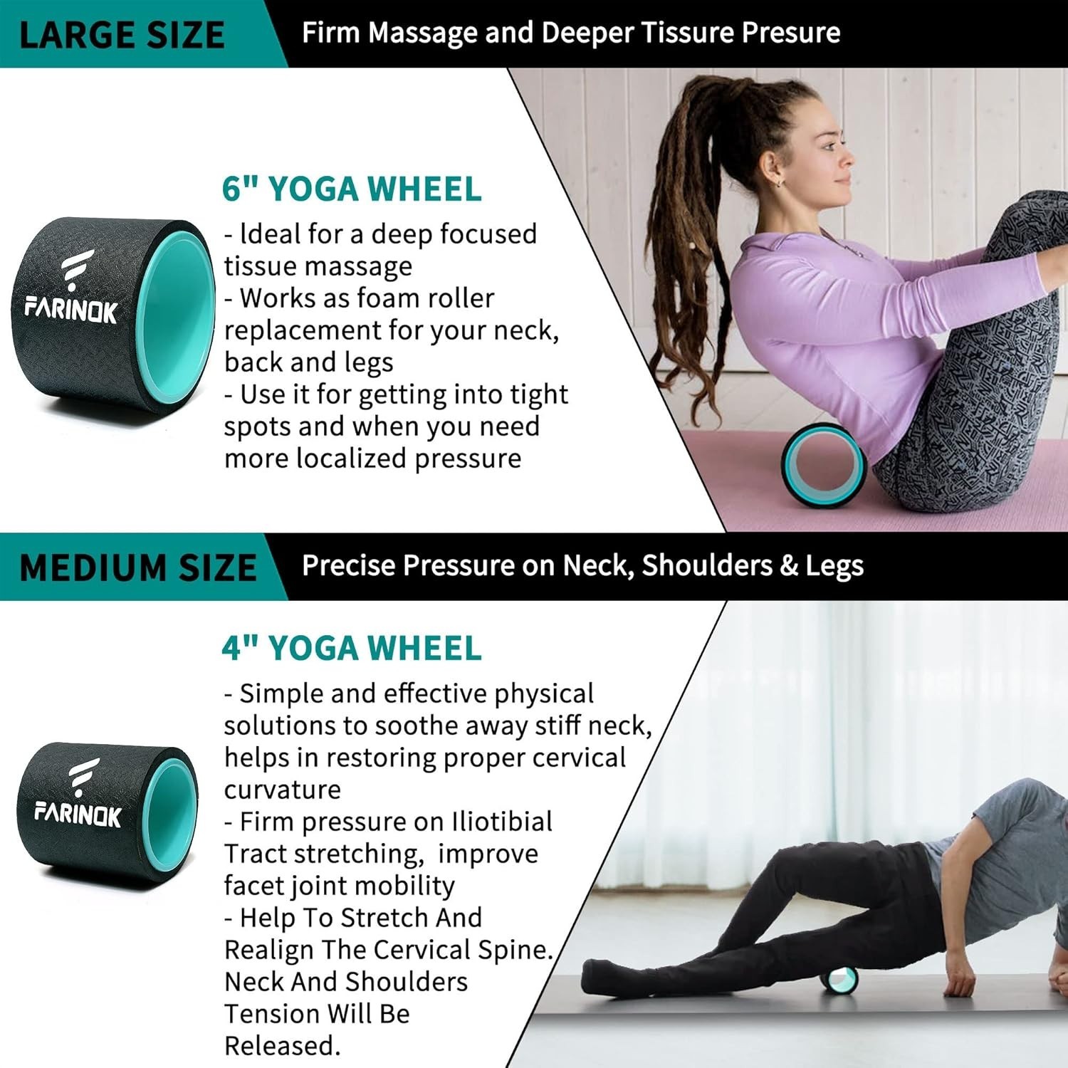 Yoga Wheel Set of 3+1, Upgraded 10MM Thick Back Wheels for Pain Relief & Stre…