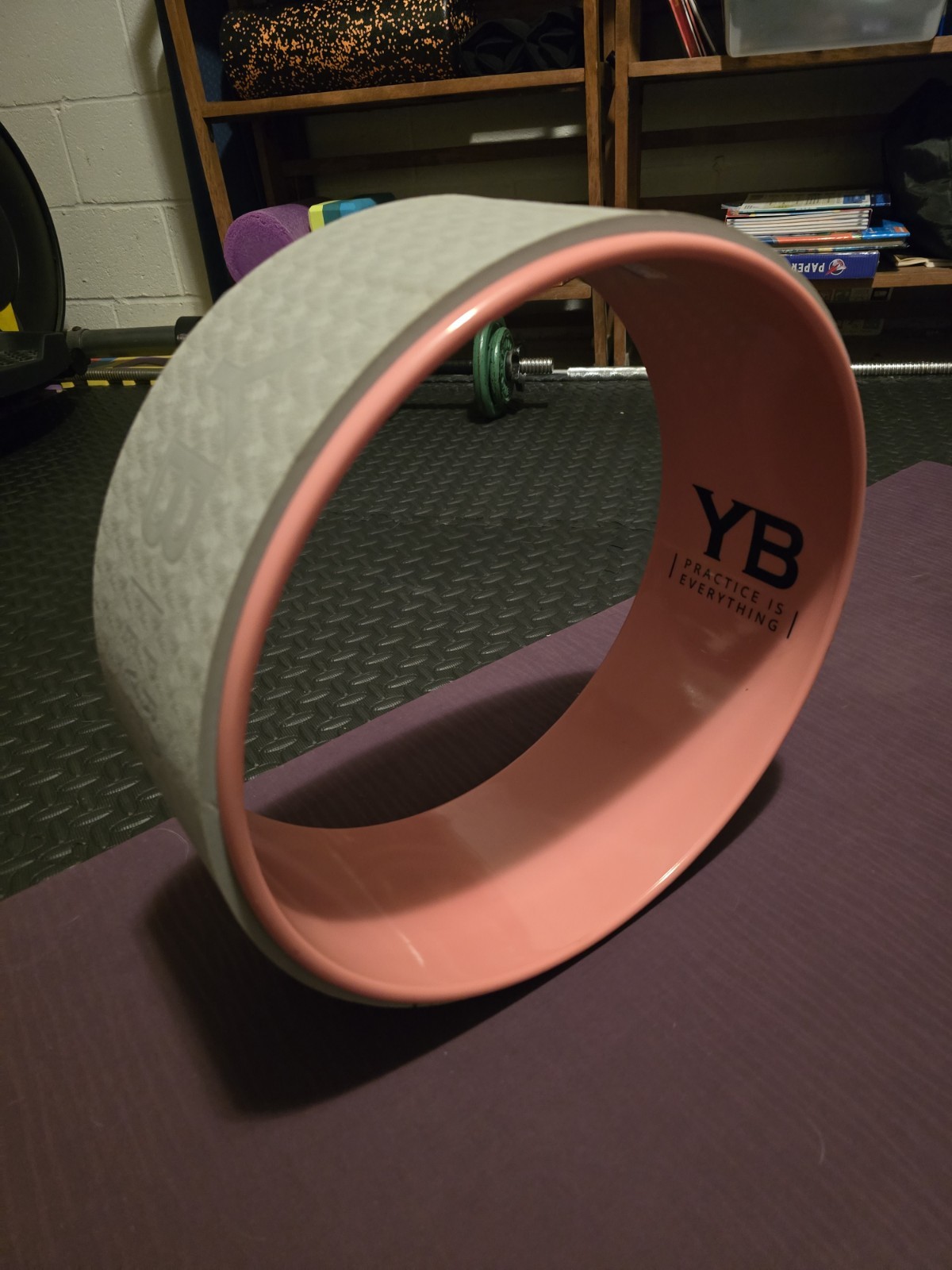 YB YogaBody Yoga Wheel 12&Prime; Gray Pink Stretching Pilates Fitness Back Prop