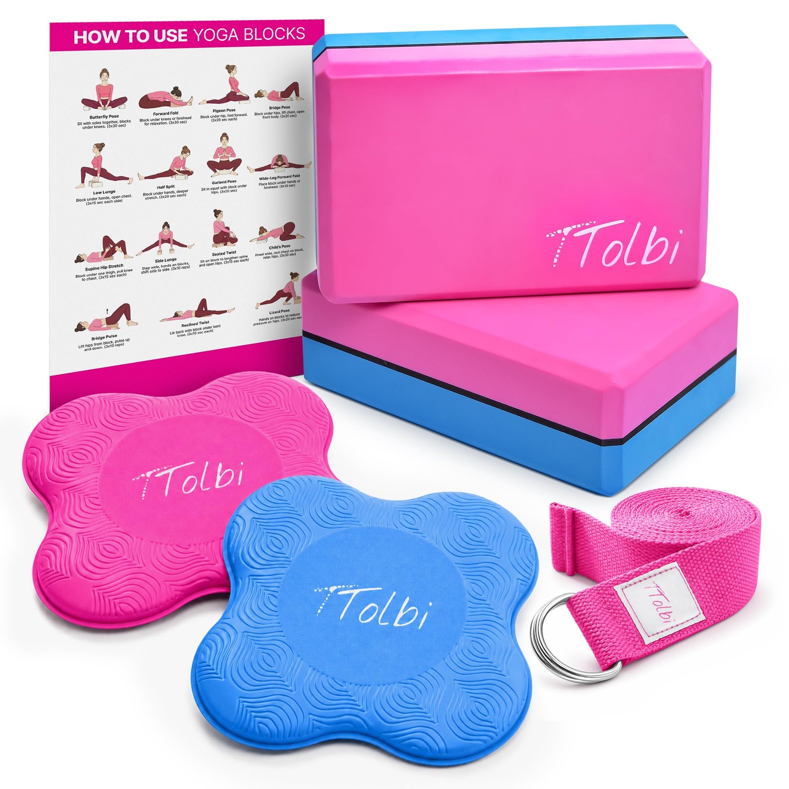 Yoga Starter Kit – Yoga Blocks 2 Pack, Strap & 2 Knee Pad Cushions