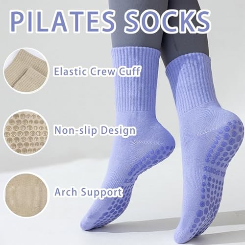 Pilates Socks with Grips for Women, 8 Pairs in 8 Colors, Anti-Slip Grippy Yoga